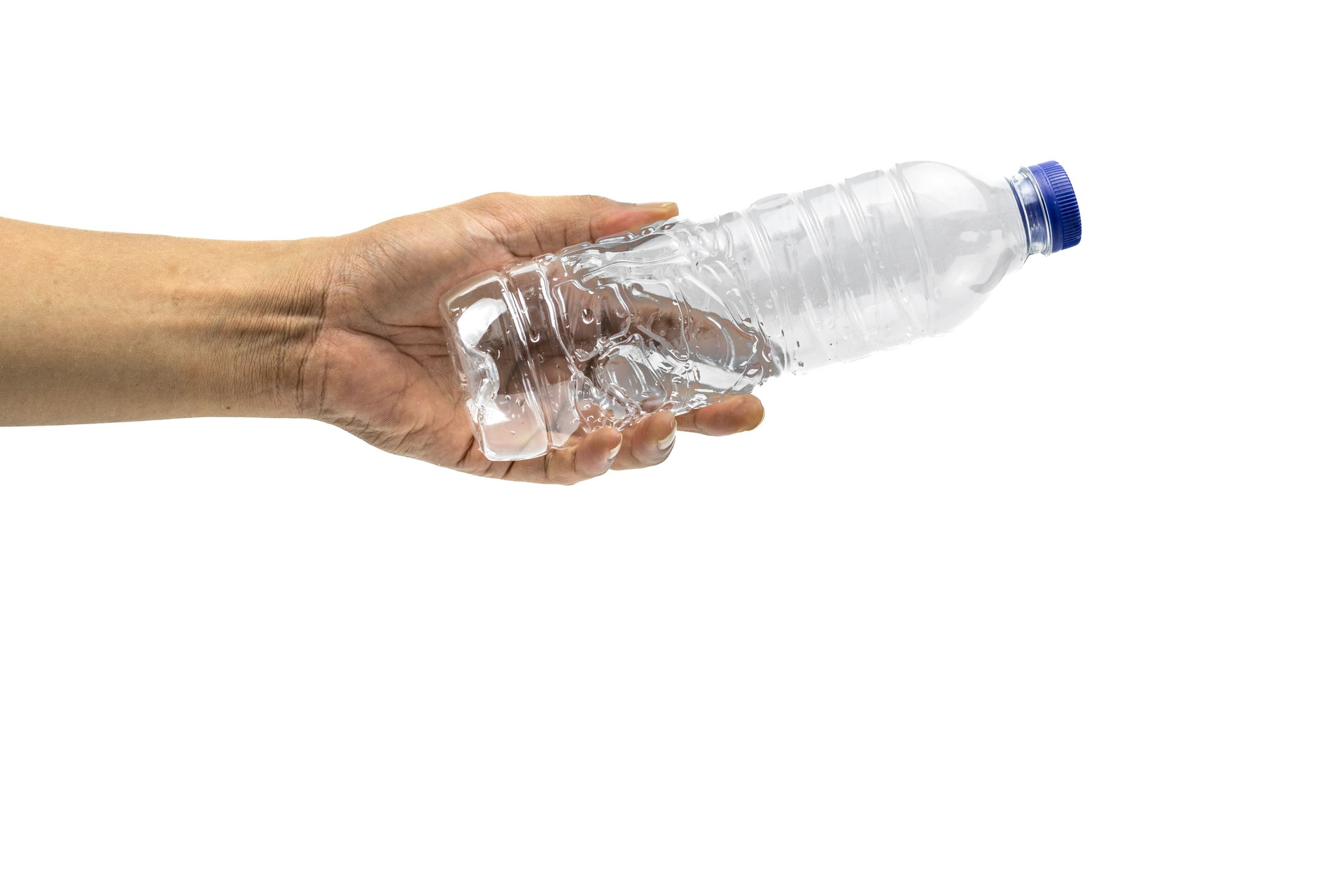 Man holding water plastic bottle isolated on white background