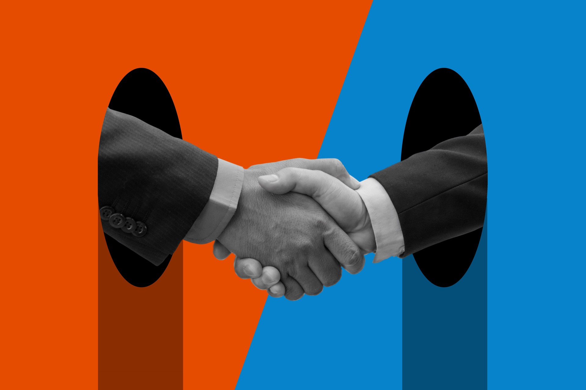 Partnership. black and white color two business man in suit handshake after finishing up business meeting on orange and blue background, success, partner, teamwork, community and connection concept